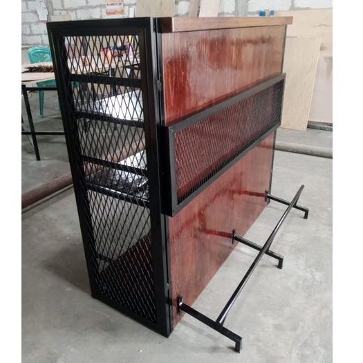 Minibar Meja Rustic Barista Cafe Coffeeshop Jati Belanda Kombinasi Ekspanded Mesh Besi Hollow Galvan
