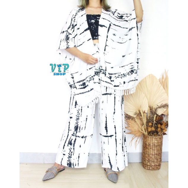 Set Outer Cardigan dan Kulot Tiedye Bali Lilit bohemian-Tiedye garis hitam