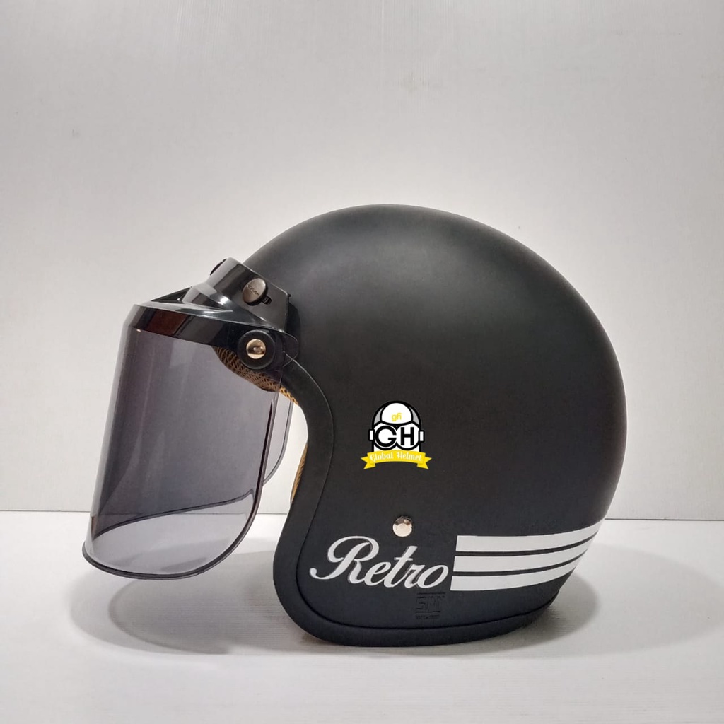 HELM BOGO CLASSIC BLACK DOFF GARIS RETRO MOTOR DEWASA SNI FREE KACA FLAT