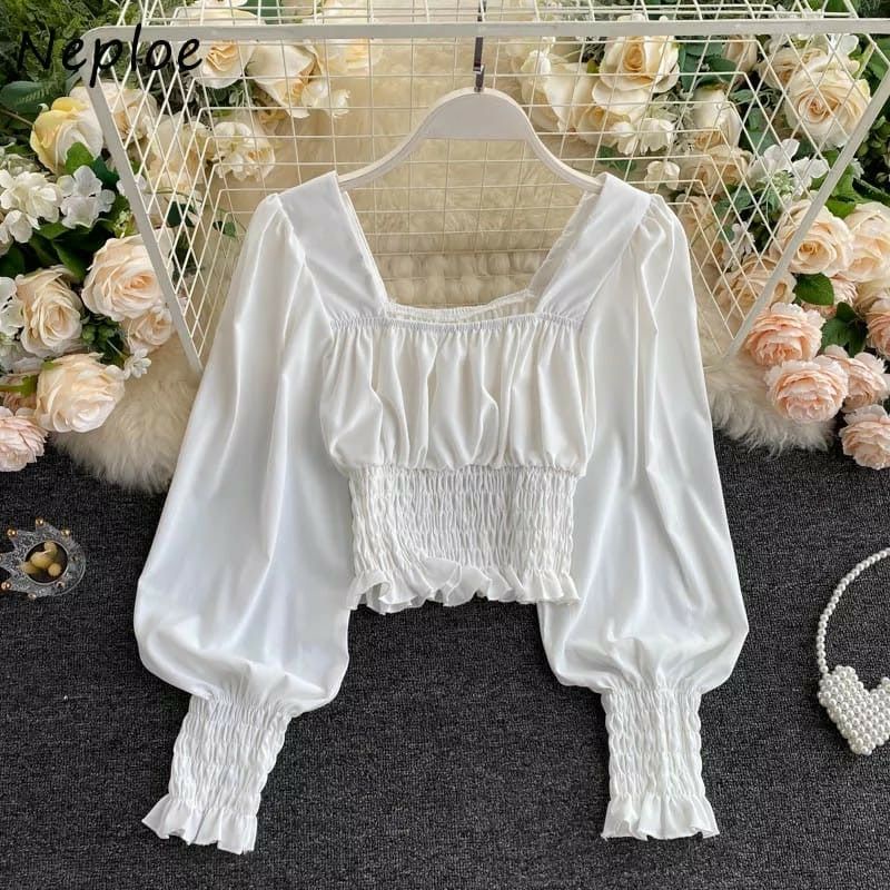 Baju Blouse Blus Bloos Atasan Wanita Kerut Smock Smoke Smok Lengan Panjang Balon Puff Kerut Sifon Ce
