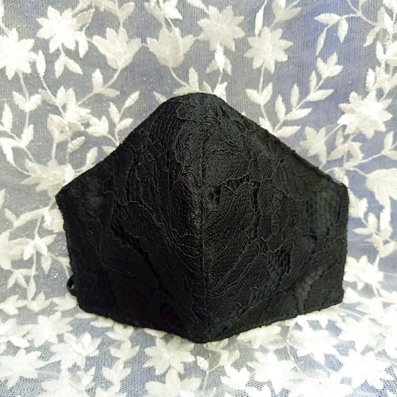 Masker Kain Renda Hitam Black 3 Lapis / Masker Bunga Brokat / Masker Pesta