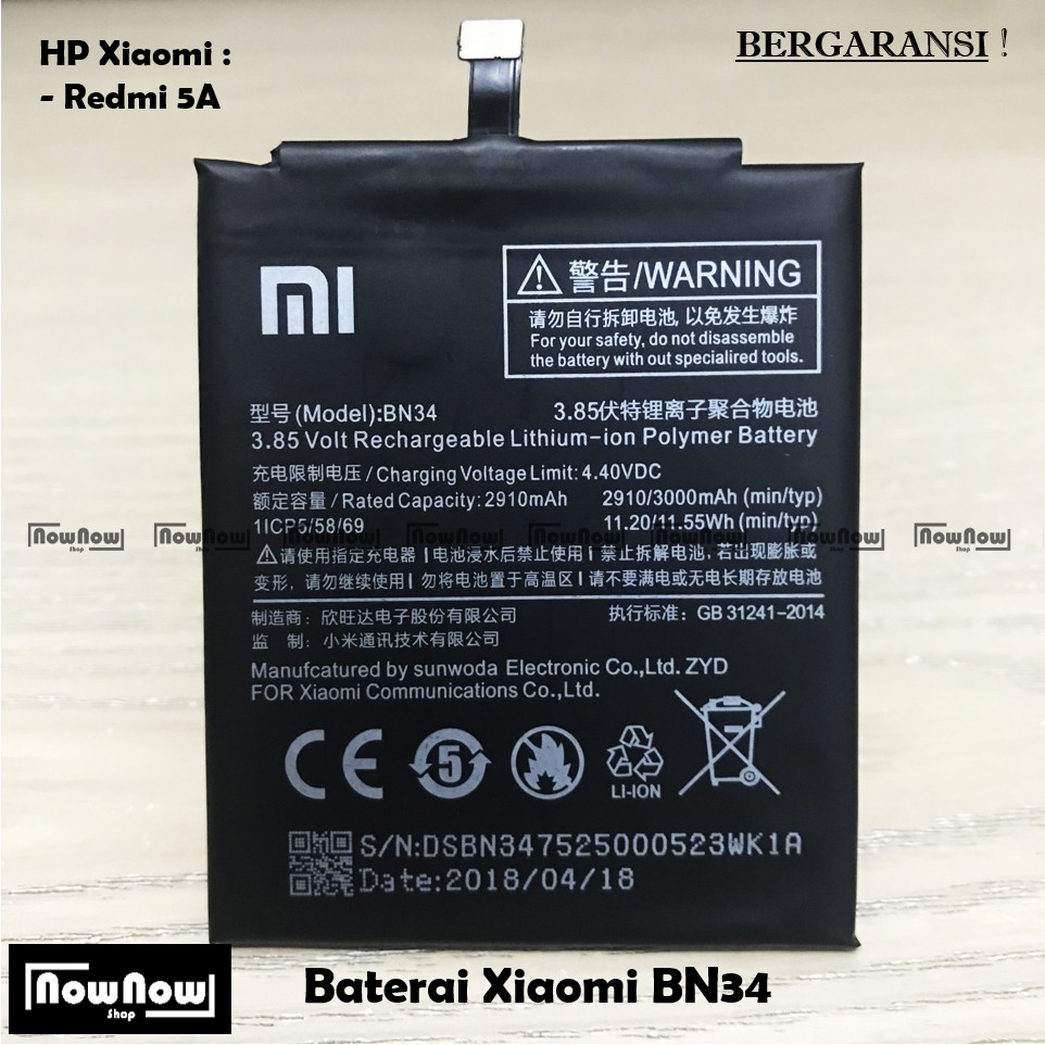 Baterai Xiaomi Redmi 5A BN34 Original Batre Batrai Battery HP