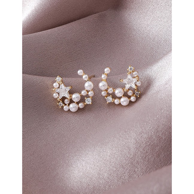 LRC Anting Tusuk Fashion Golden 925 Silver Pin Pearl Moon Star Stud Earrings D59720