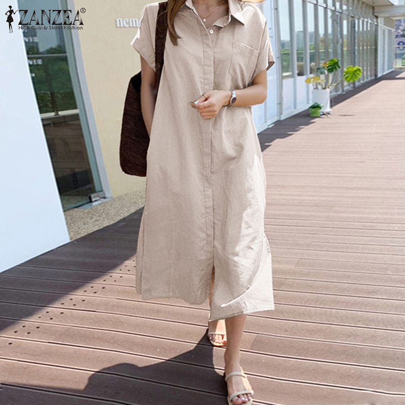 ZANZEA Women Fashion Casual Cotton Button Down Split Hem Solid Maxi Dress