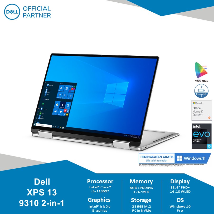 dell xps 13 9310 2 in 1  ci5 1135g7 8 256 uma w10p ohs ts  dell official