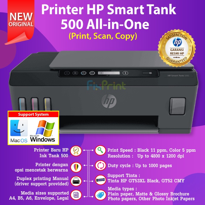 Printer HP Smart Tank 500 Print Scan Copy 4SR29A Tinta HP GT53 GT52