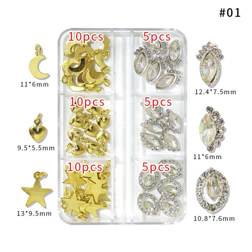 Mxbeauty Nail Art Rhinestones Fashion Warna Emas Perak Manikur Aksesoris Kuku Bor Bintang Bulan 3D Perhiasan Kuku