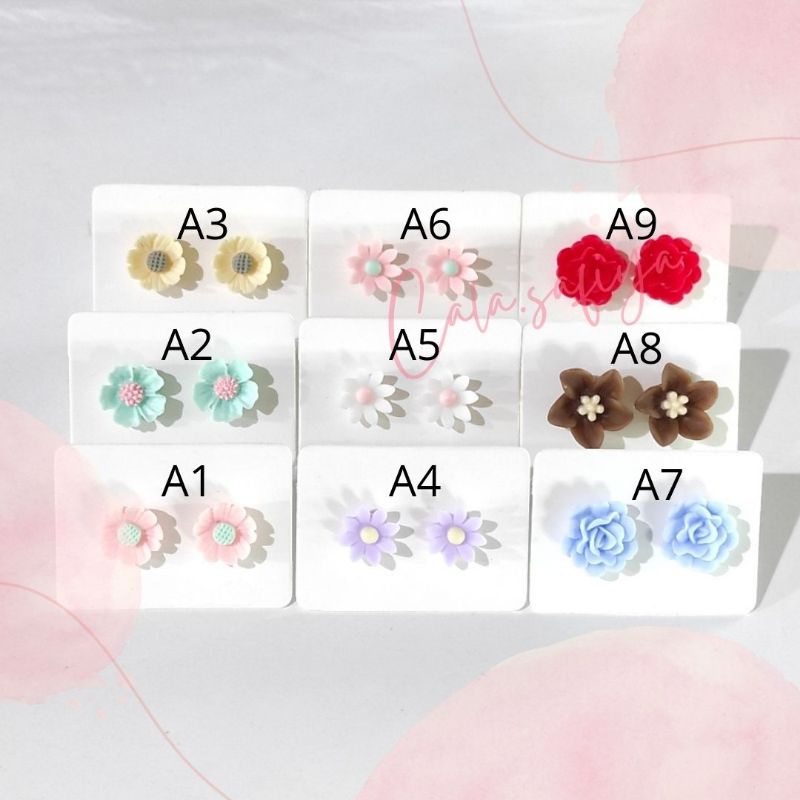 ANTING WANITA BUNGA PLASTIK TINY FLOWER STUD EARING MFS PLASTIC ANTING TINDIK KECIL ANTIKARAT-Stud Bunga Plastik A