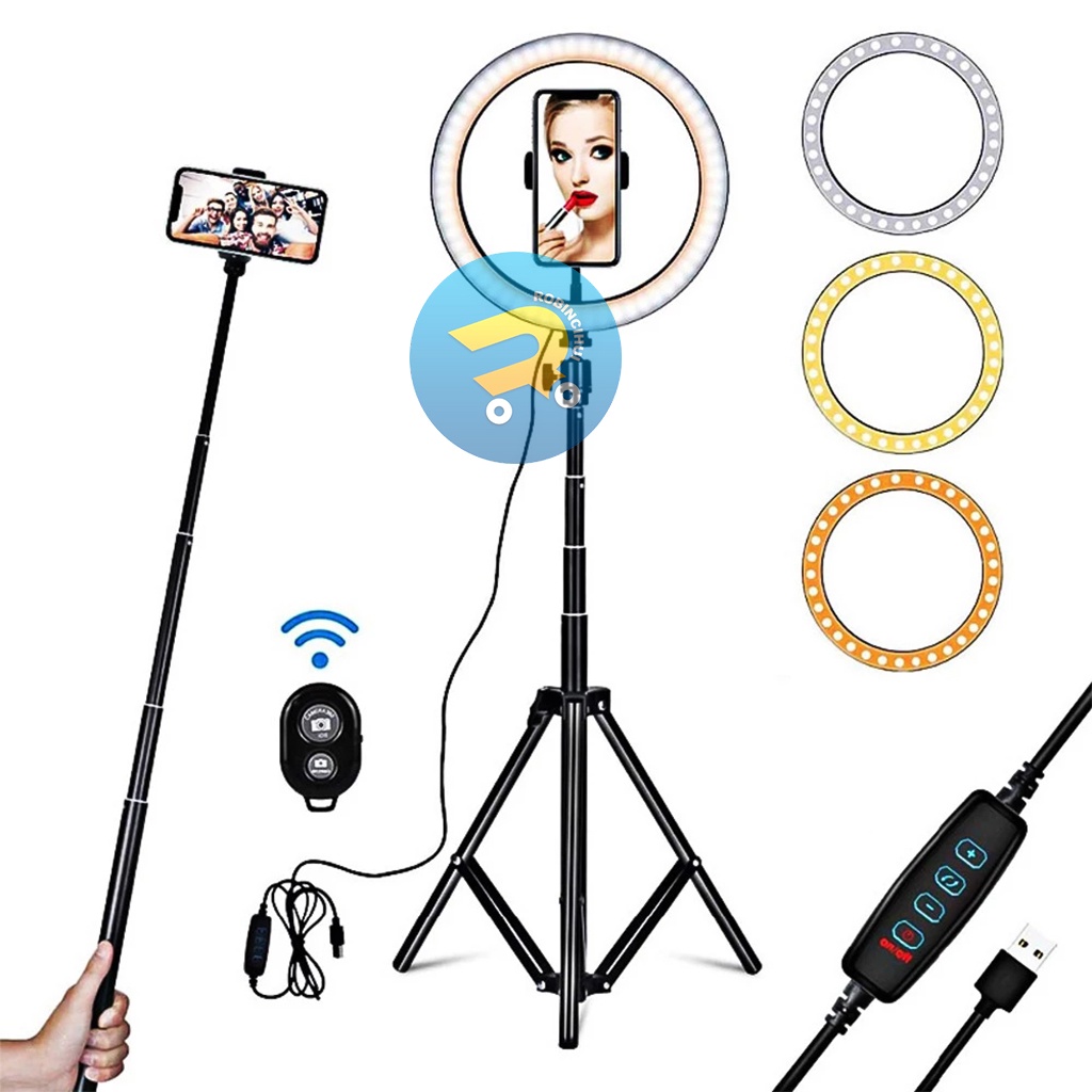 Tripod Handphone 210 CM (2.1M) + Ring Light Led 26CM - Tripod Tiktok - Ring Light - Make Up Vlog - Selfie Light - Tripod Ringlight Stand - Tripod Live Tiktok - Vloger - Youtuber