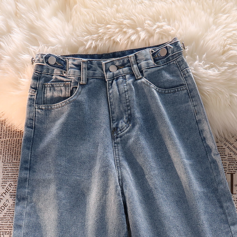 Biru Korea Highwaist Loose Kasual Celana Jeans Panjang Wanita(Pinggang bisa penyesuaian)