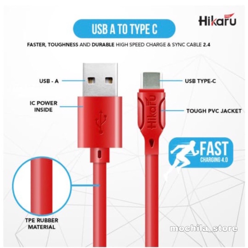 Kabel Data Fast Charging Tipe C / Type C - Dura Fast 2.4A - Fast Charging - 1 Meter - Hikaru