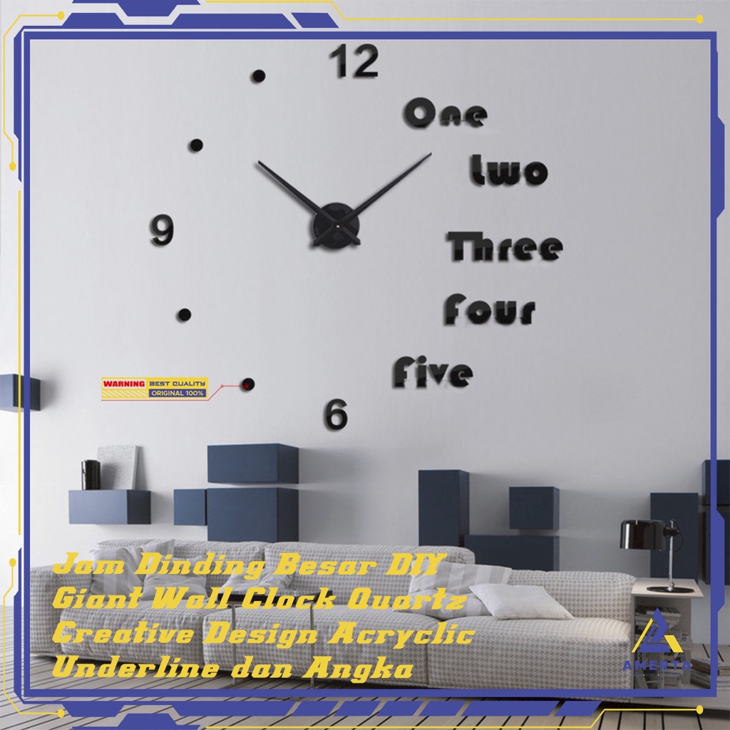 Jam Dinding Besar DIY Giant Wall Clock Quartz Creative Design Aryclic Underline &amp; Angka - Black