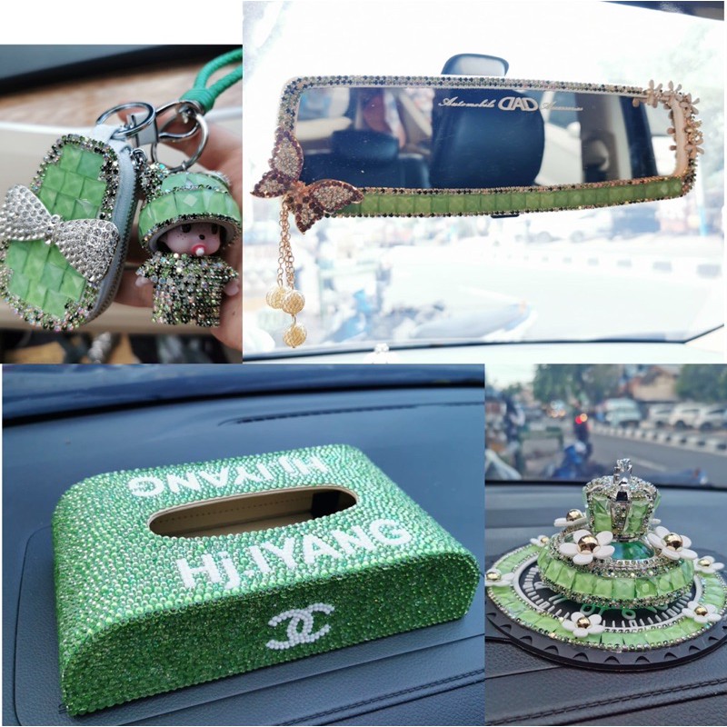 4  in 1 SET Hijau Green Jade Collection AntiSELIP Dashboard Cabin + Tempat Tissue + Kaca Spion Tengah + Dompet Gantungan Kunci Mobil + Parfume Dashboard Parfum