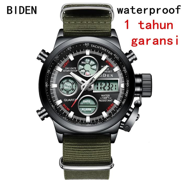 Jam Tangan Pria Biden BD-015 Dual Time Sport Digital Kanvas Green Black ORIGINAL Anti Air BERGARANSI