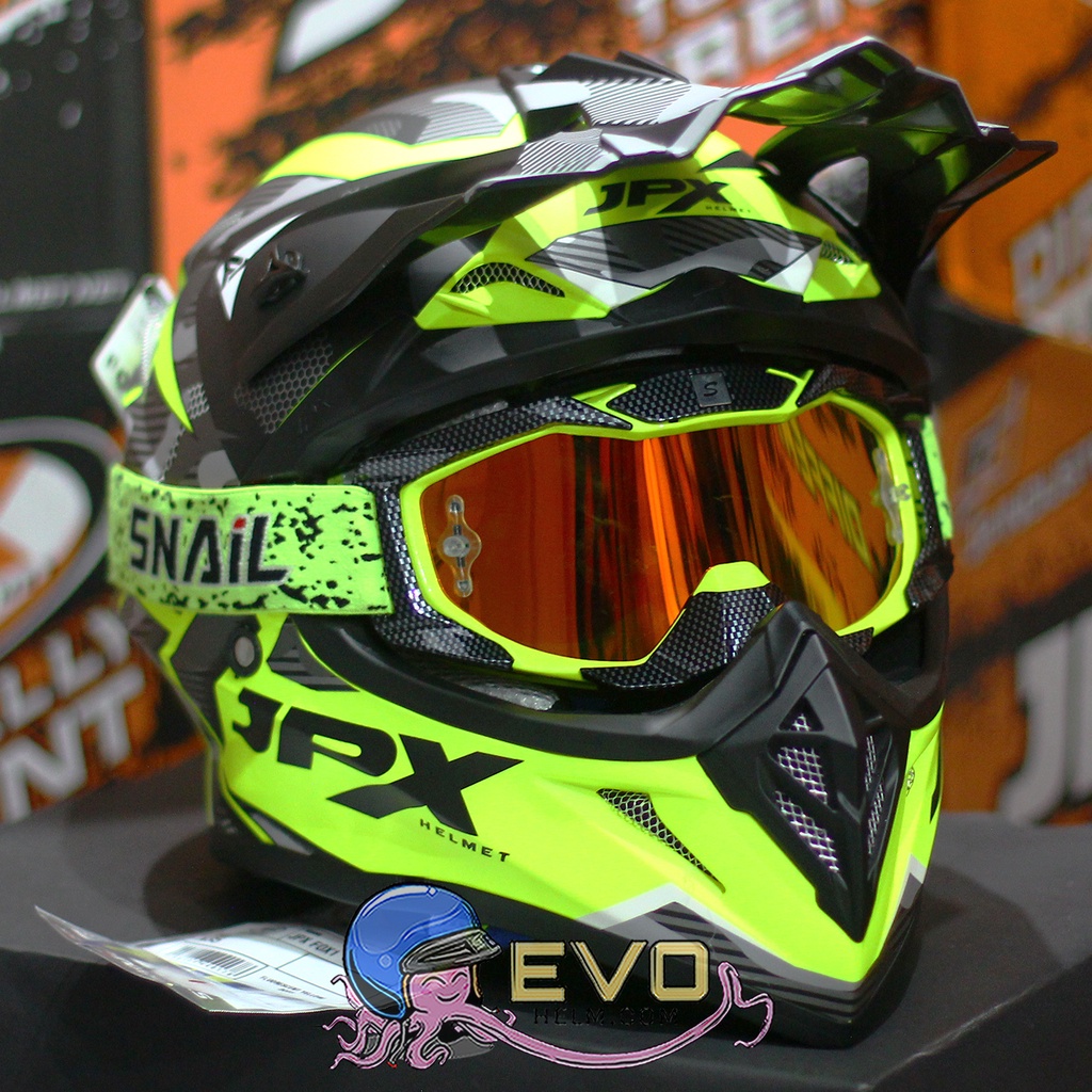 HELM JPX CROSS_FOX1 SERI X35 - FLUO YELLOW DOFF + GOOGLE SNAIL (ONGKIR 2 KG) HELM JPX X35 YELLOW FLUO ORIGINAL HELM JPX CROSS X35 MOTIF HELM JPX TERBARU