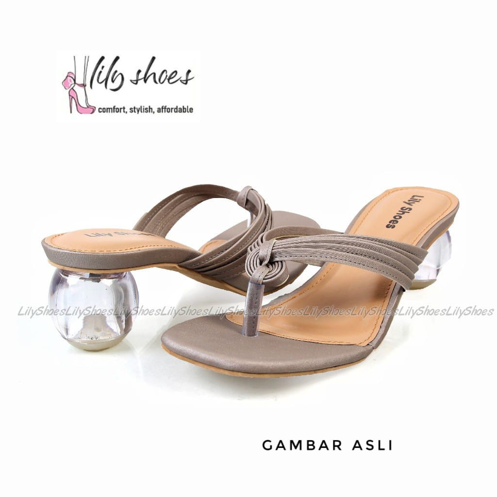 SARAH - Lily Shoes Sandal wanita block heel / hak kaca bulat model jepit casual real pict-ABU