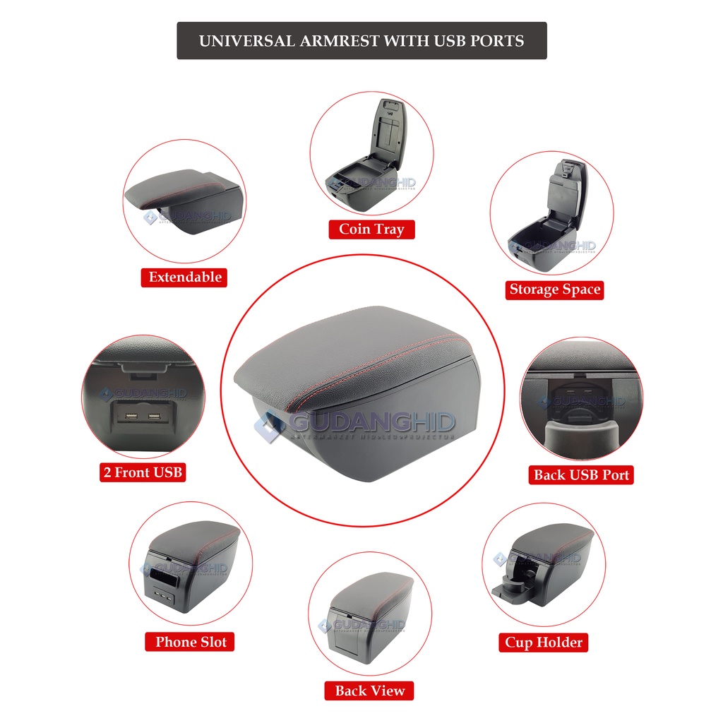 Armrest Mobil Universal Center Console Box 5 USB Port Charger