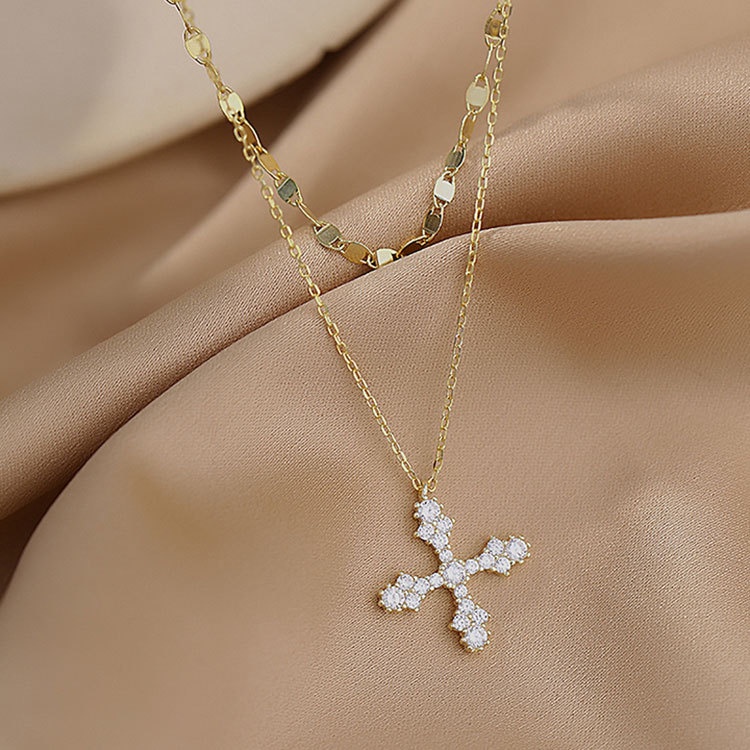 Kalung Rantai Klavikula Pendek Lapisan Ganda Bahan S925 Silver Dengan Liontin Salib