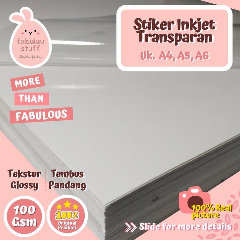 

Kertas Sticker Inkjet Transparant 120 gsm A4 A5 A6