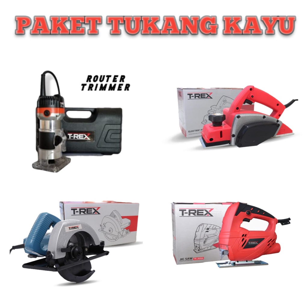 paket 4 item PAKET tukang kayu tukang bangunan lengkap!!! Mesin Gergaji kayu jigsaw + mesin profil kayu + mesin serut kayu Electric Planner + Mesin Circular Saw ALAT Tukang kayu/tukang mebel lengkap Mesin Tukang Kayu Buat Jendela Rak Lemari ORIGINAL T-REX