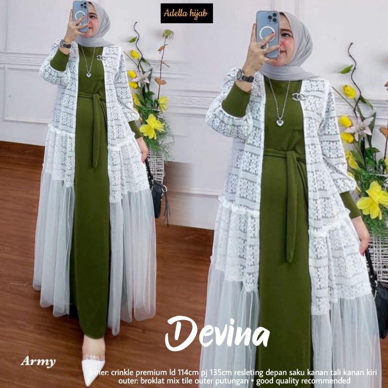 DEVINA SET DRESS Gamis Maxi Wanita dan Remaja Perempuan BUSUI Crinkle Premium Mix Outer Broklat Tile