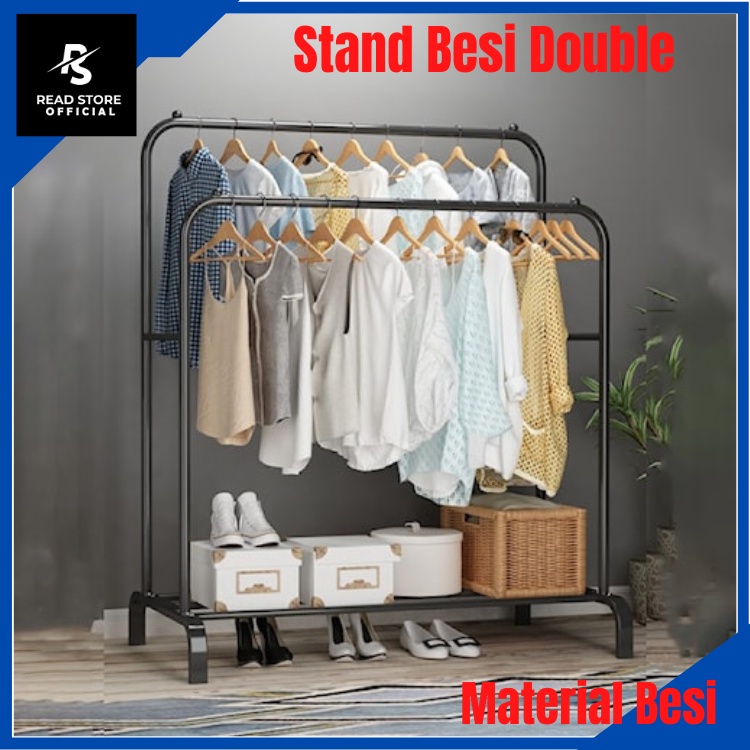 Stand Hanger Gawang Besi Double Rak Baju Gantungan Baju Besi Stand Hanger Display Butik Bazar Jemura