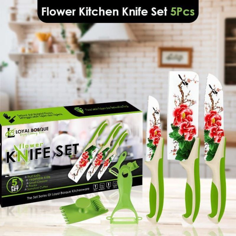 Medan Termurah (pake box) Cantik Import Set pisau dapur flower serbaguna 5in1 Green &amp; Gold