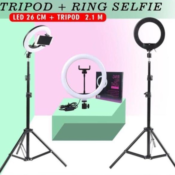 Tripod Besi 2.1 + LED 26cm RING LIGHT LED 26CM Lampu 26 cm Make Up Vlog Lampu Ringlight Tripod 1.6m