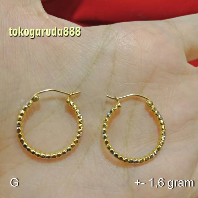 Anting giwang anak dan dewasa emas asli kadar 700 70% 22 bulat besar merica kerawang 3 dimensi oval hoops