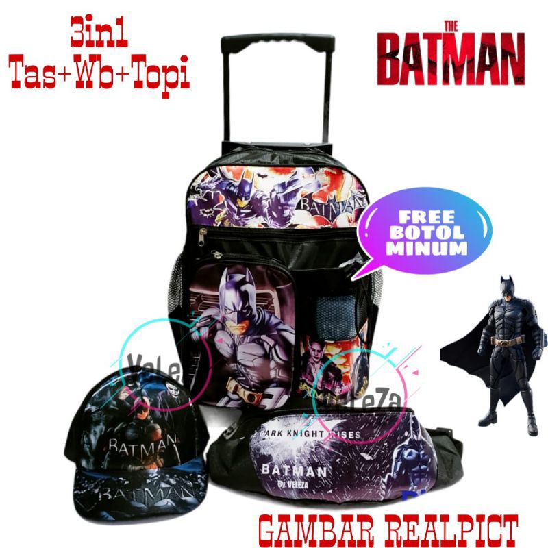 Tas troli anak tas dorong tas ransel anak karakter superhero betmen gratis waistbag topi botol minum