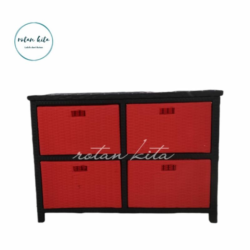 Lemari Plastik Susun Rotan Sintetis Laci 4 Samping