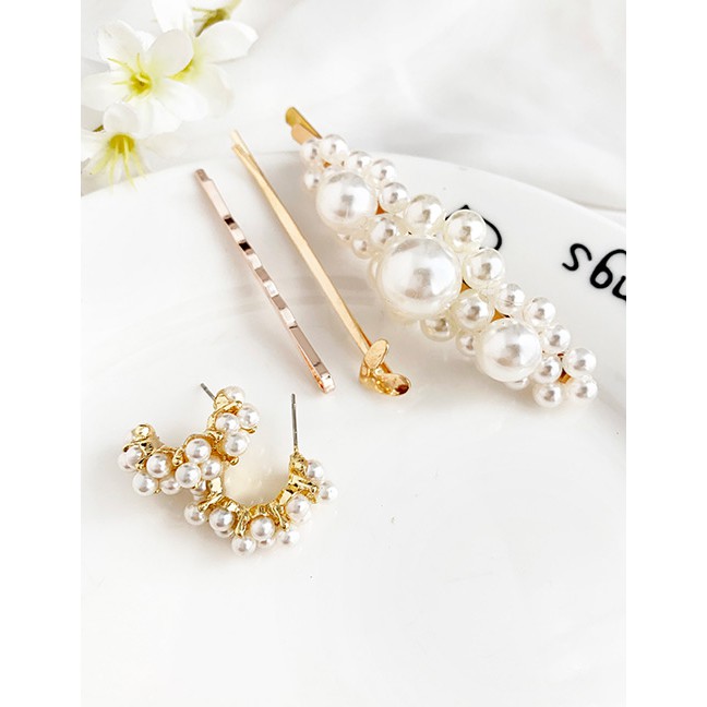 LRC Gold Alloy Pearl Love Geometry Heyi Clip Hairpin Stud Earring Set 5 Piece Set F71361