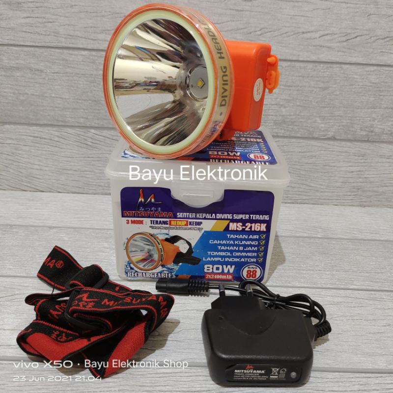 Senter Kepala Selam Diving Mitsuyama 80 Watt MS-216K Senter LED Cas Super Terang Jarak Jauh Anti Air