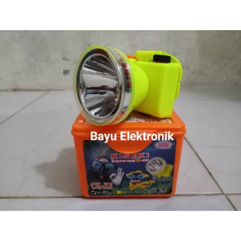 Senter Kepala Selam Kiseki 30 WATT CK-X3 Bonus Kacamata Renang Headlamp Diving Super Terang Ori