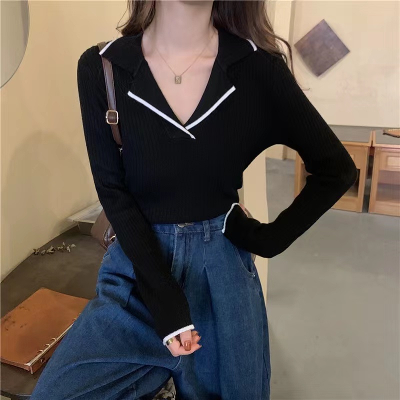 Atasan Rajut Korea Wanita Lengan Panjang Casual Style V-neck Sweater Crop