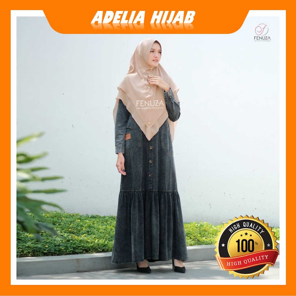 Gamis Denim Jeans Terbaru dan Kekinian Valencia charchoal by Fenuza Muslim Wear, Busui Freindly , Pr