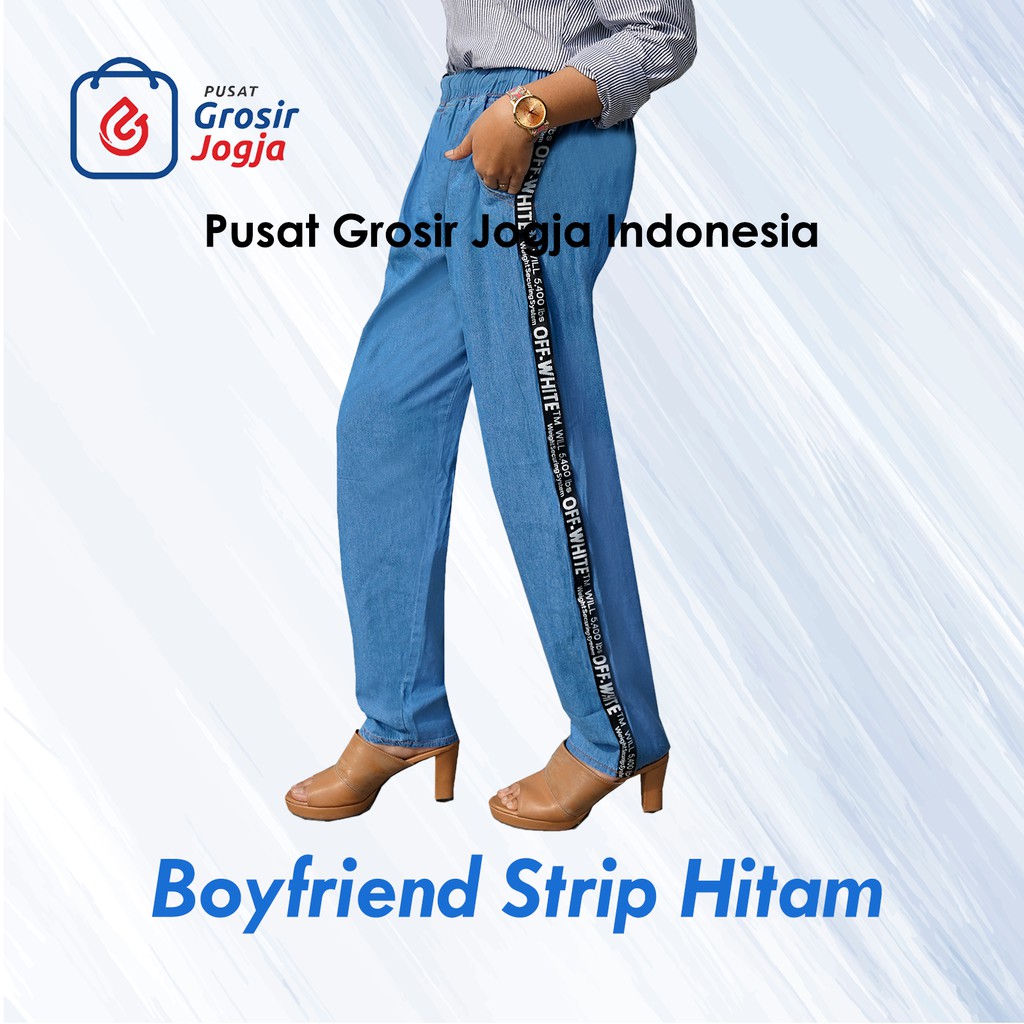 Celana  Boyfriend  Jeans Wanita Jumbo Strip Hitam 