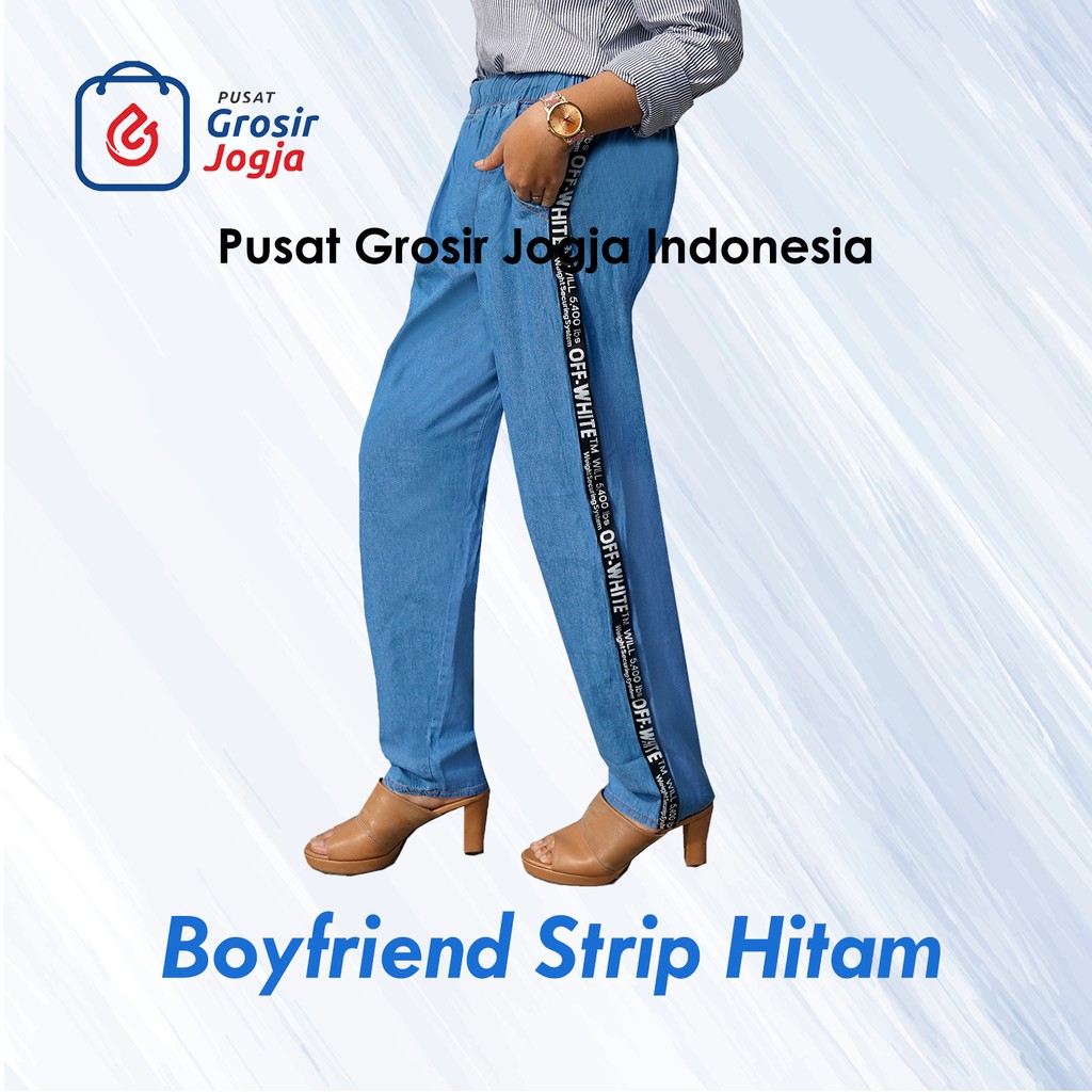  Celana  Boyfriend  Jeans Wanita Jumbo Strip Hitam  