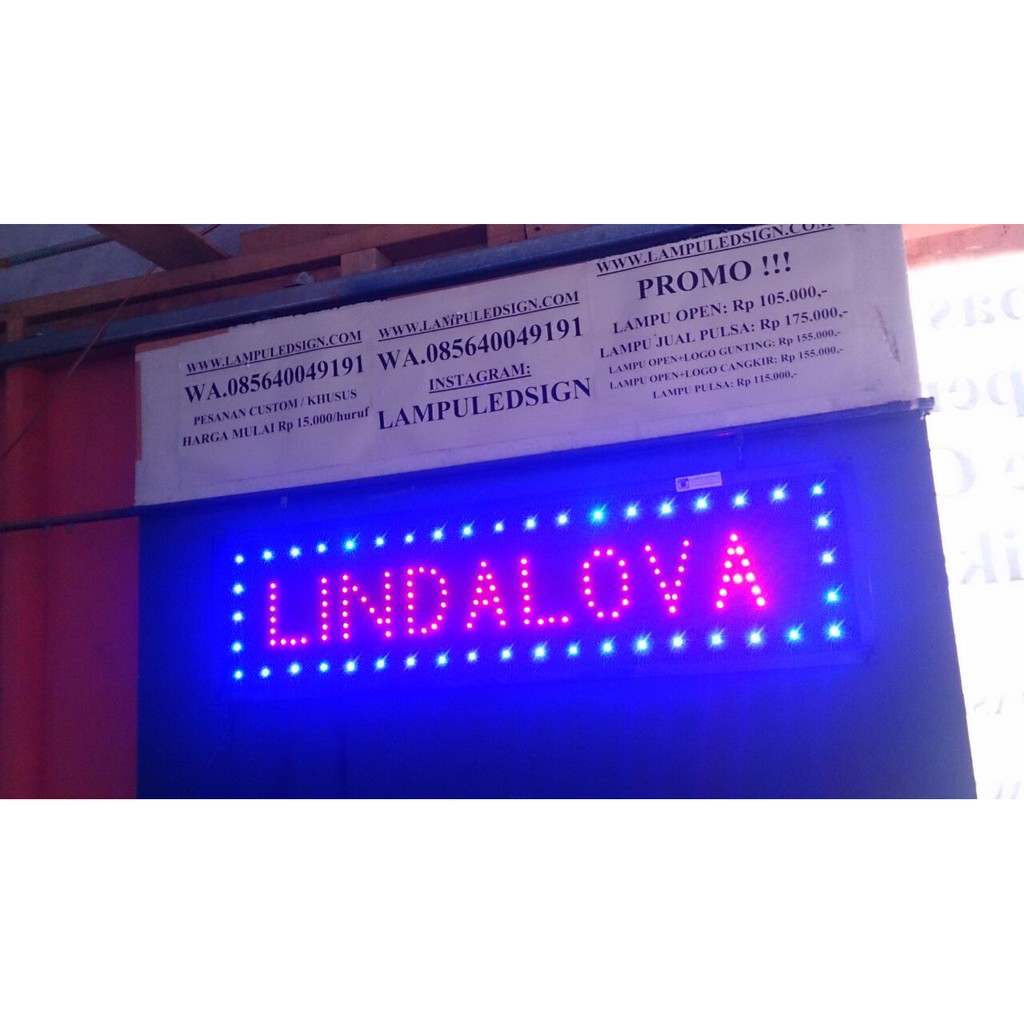 Tulisan OPEN Lampu  Led Sign display LINDALOVA nama  toko 