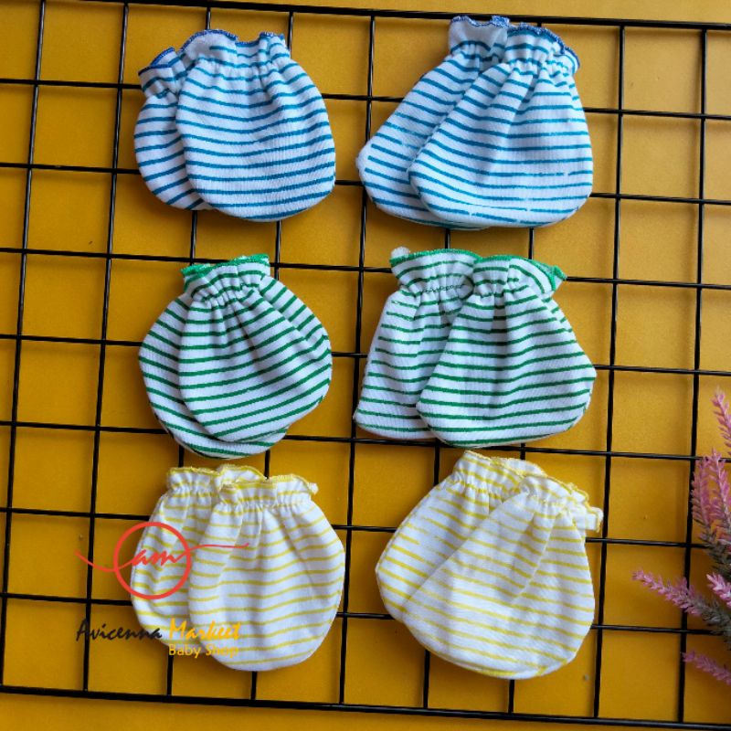 set topi sarung tangan kaki bayi garis salur newborn