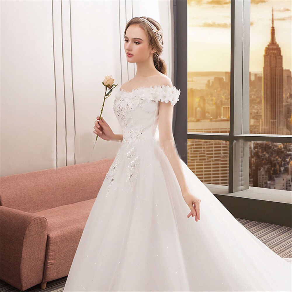 Putih Gaun pengantin lace Korean wedding dress Long tail Gaun pesta S-3XL