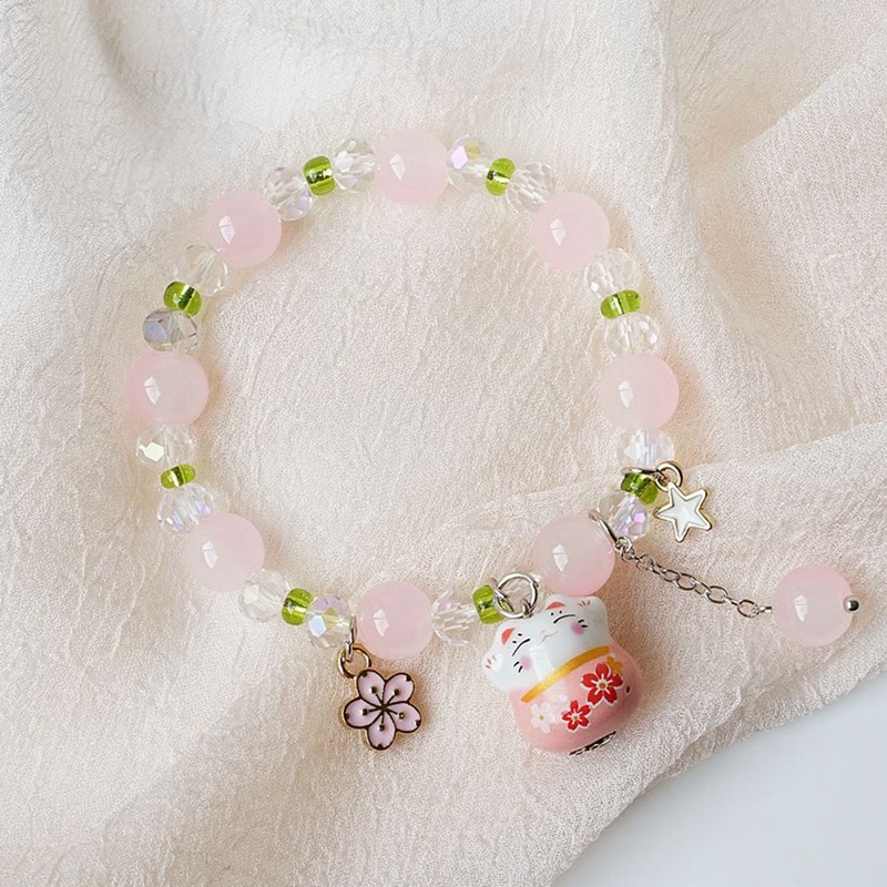 Gelang Manikmanik Batu Keramik Dengan Charm Kucing Keberuntungan Untuk Wanita