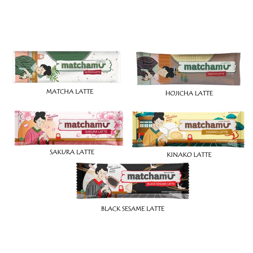 

Matchamu - Matcha Latte - Hojicha Latte - Sakura Latte - Kinako Latte - Black Sesame Latte (3s @24gr) - Box dan Sachet