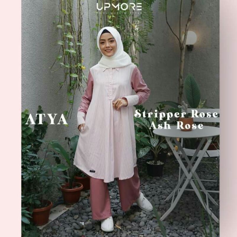SETELAN UPMORE ATYA STRIPPER ROSE UPMORE MUTIF TERBARU SET TUNIK CELANA DEWASA STYLISH