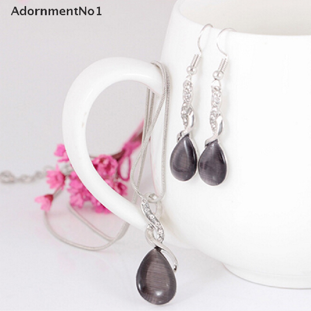 (AdornmentNo1) Set Kalung + Anting Tusuk Gantung Desain Tetesan Air Hias Opal Kristal Untuk Wanita