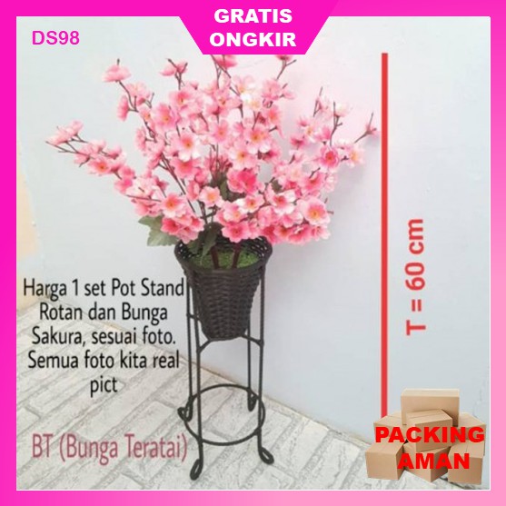 Bunga Artificial Hias Plastik Besar Dengan Pot Rotan Sintetis Bunga Sakura Dekorasi Sudut Pojok Ruangan