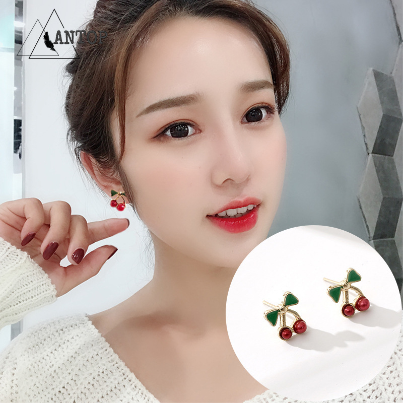 Anting Drop Oil Bentuk Cherry Warna Merah Gaya Korea Untuk Wanita