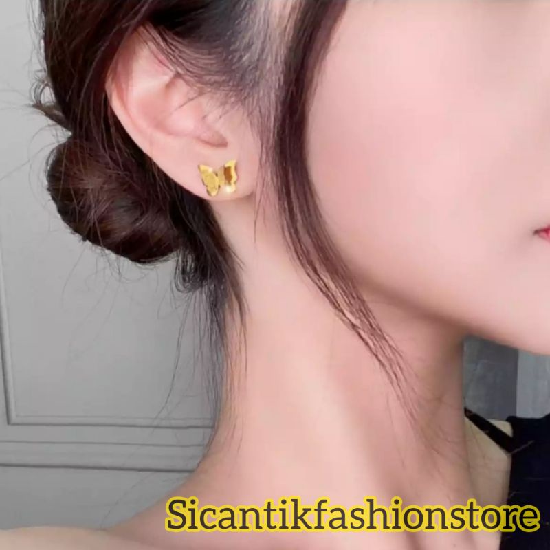 Anting Titanium Tusuk Model Kupu-kupu Gold Fashion Wanita Terlaris Anti Karat Anting Wanita Terlaris