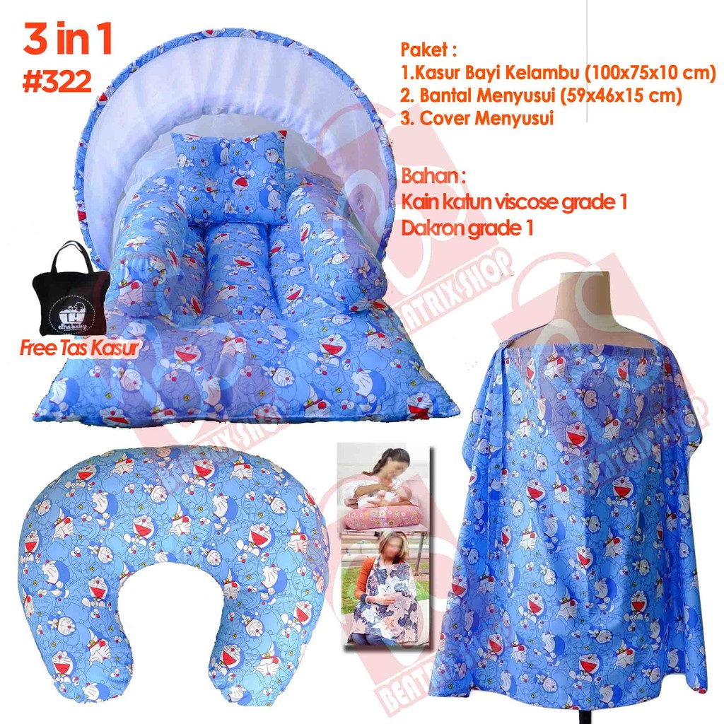 SALE 3 in 1 kasur bayi kelambu star moon dan bansui doraemon apron cover menyusui elha baby murah