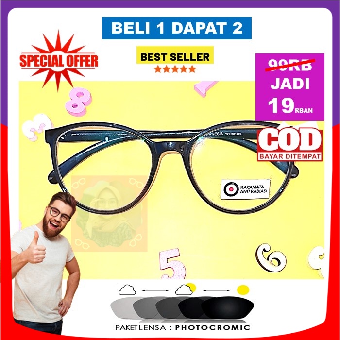 WOW MURAH Kacamata Fotocromic Pria Wanita Bulat Oval Gagang Plastik Minus Normal Korean Fashion Anti